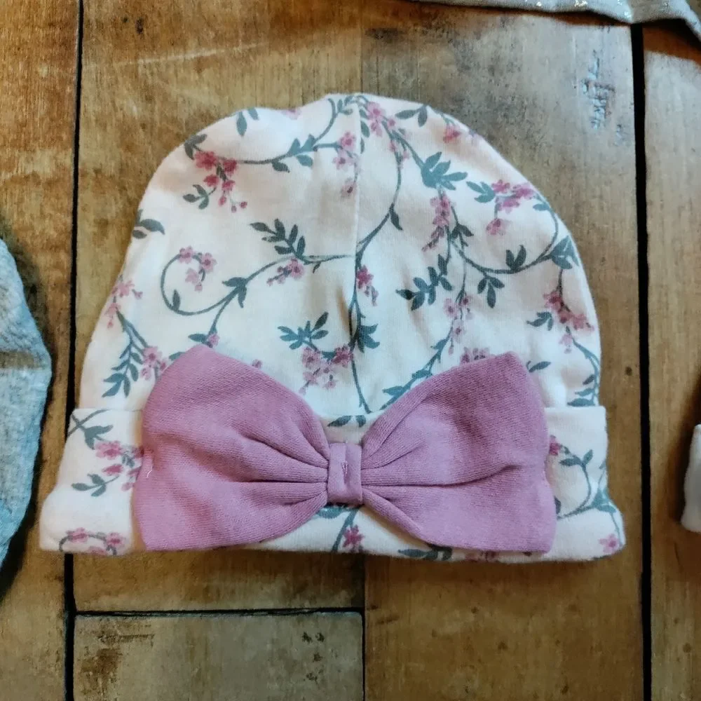 Baby girl hats newborn to 12 mos pink gray bow stars baby hats turban cotton